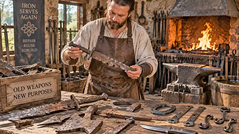 Medieval blacksmith examining broken weapons and recycling the iron into new objects