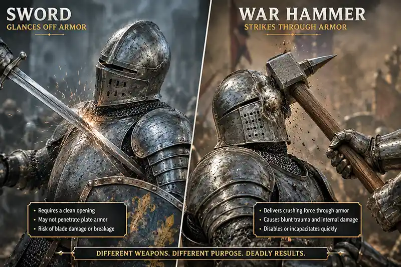Split comparison showing a sword glancing off plate armor while a war hammer crushes a knights helmet.