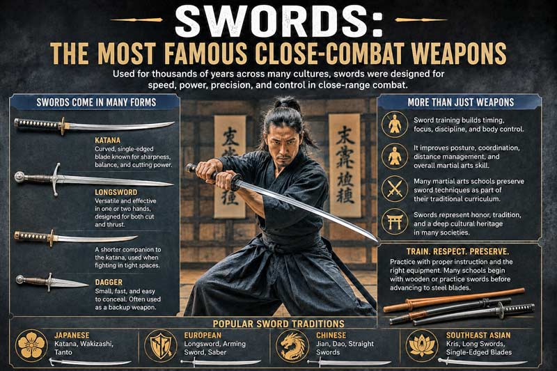 Martial arts sword training infographic showing katana, longsword, and dagger styles with a martial artist practicing sword techniques in a dojo