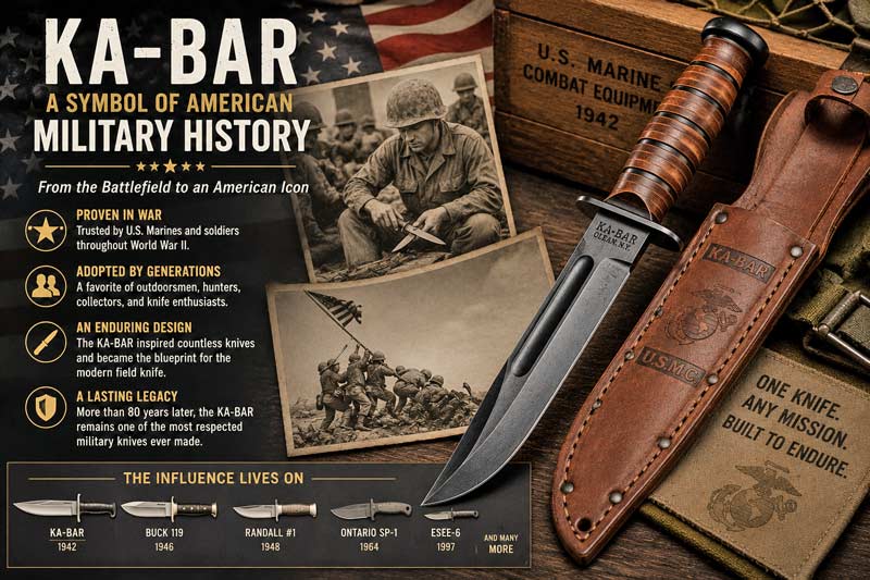 KA-BAR knife infographic celebrating its legacy in American military history.