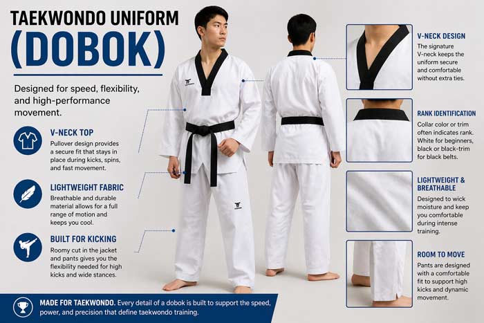 Taekwondo dobok showing V-neck design, lightweight fabric, and flexible fit