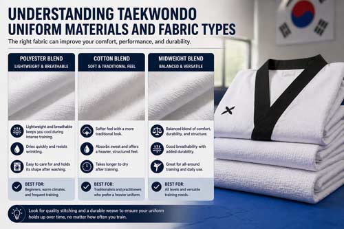 Taekwondo uniform fabric comparison showing polyester, cotton, and midweight materials