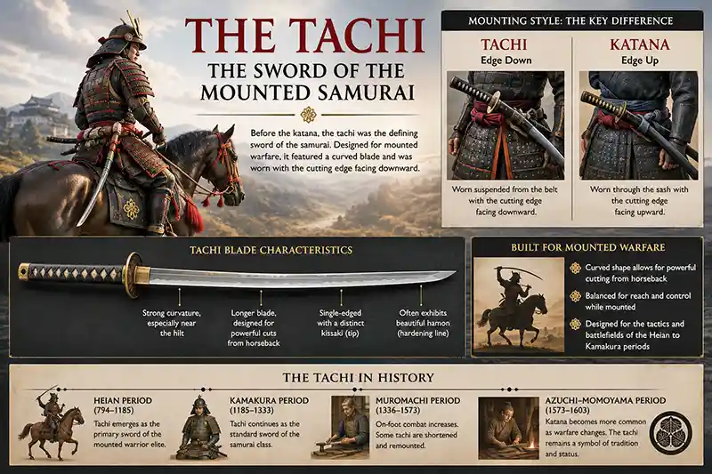Tachi sword history, blade design, and traditional edge-down mounting