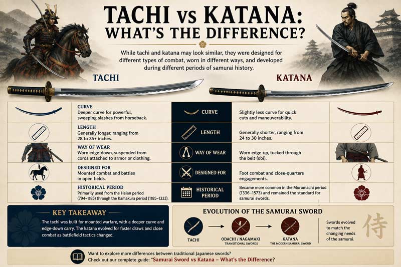 Infographic comparing tachi and katana swords, showing differences in curve, length, carrying style, combat use, and how the tachi evolved into the katana in samurai history