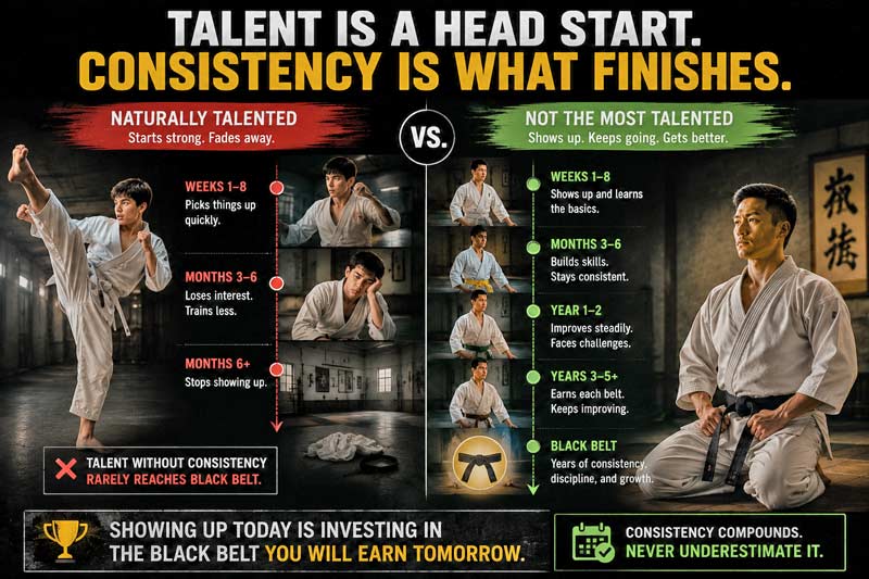 Infographic comparing natural talent versus consistent training on the path to earning a black belt.