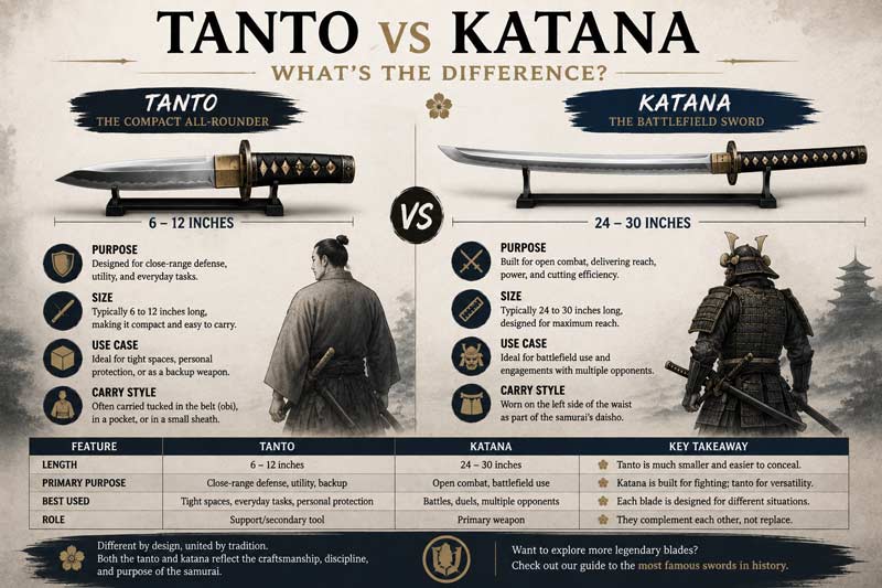 Infographic comparing tanto and katana blades, showing differences in size, purpose, carry style, and how each sword was used in samurai culture