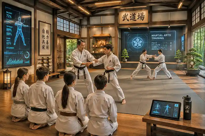 Modern dojo combining traditional martial arts training with advanced technology and instructor guidance