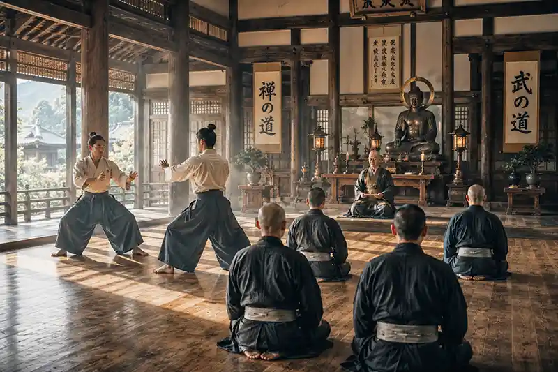 Early Japanese temple training hall where monks and martial artists practiced discipline together