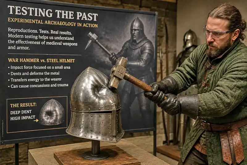 Historian demonstrating a war hammer striking a replica medieval steel helmet during an armor test.