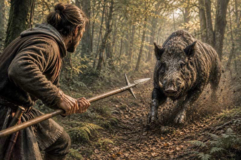Hunter bracing a boar spear against a charging wild boar in a forest