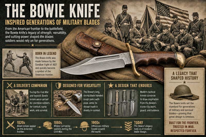 Bowie knife infographic showing its influence on military combat knives.