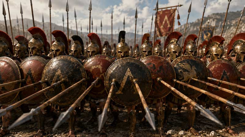 Greek hoplite phalanx with dory spears and shields in formation