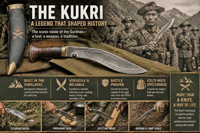 Kukri knife with Gurkha soldiers and Himalayan battlefield infographic.