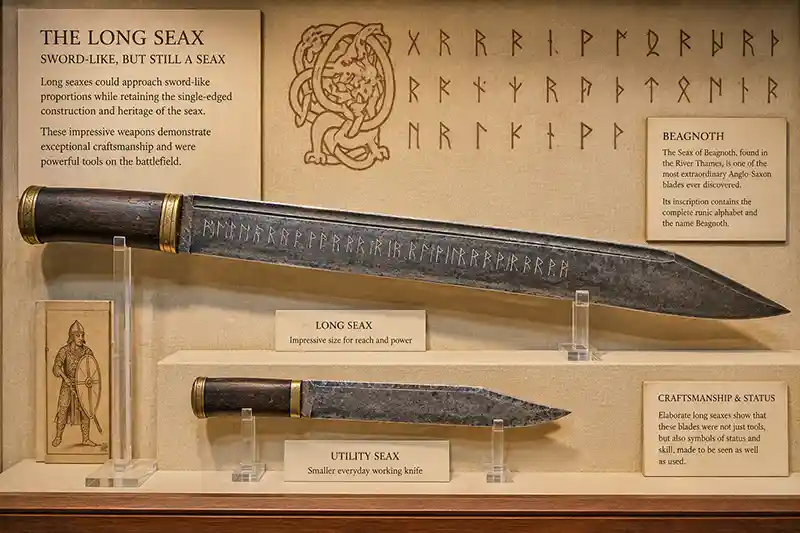 Anglo-Saxon long seax and utility seax museum display