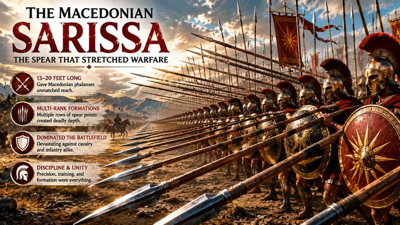 Macedonian sarissa phalanx with long spears stretching across battlefield
