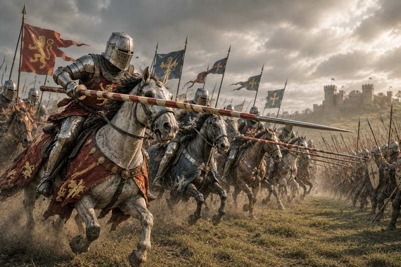Armored medieval knights charging on horseback with lowered lances during battle