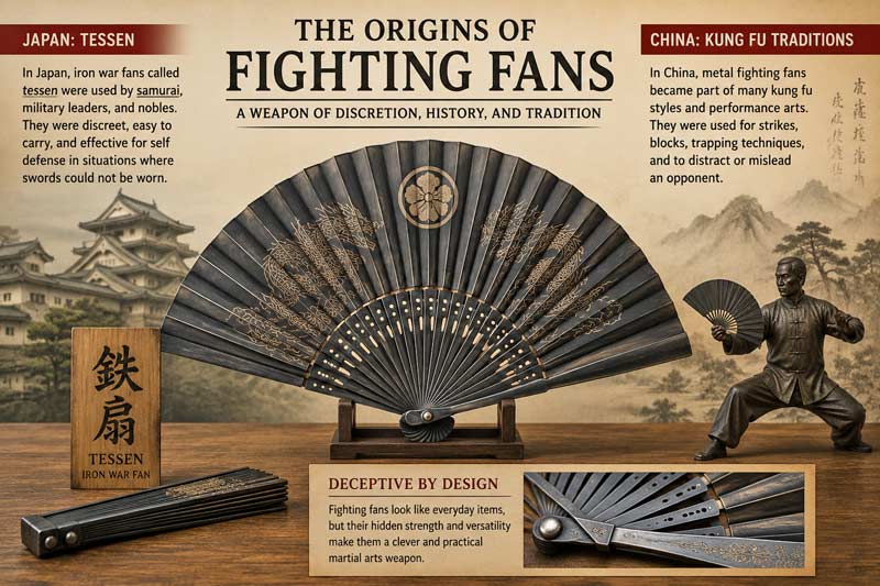 Historical infographic showing the origins of fighting fans in Japanese tessen and Chinese kung fu traditions with ornate metal fan centerpiece