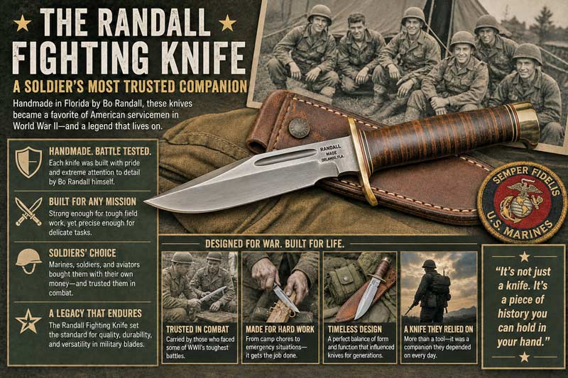 Randall Fighting Knife with WWII soldiers and military gear infographic.