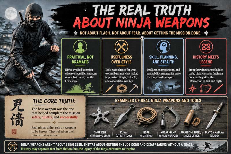Infographic revealing the real truth about ninja weapons and separating myth from history.
