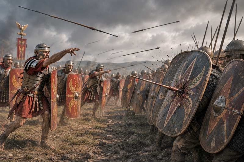 Roman legionaries throwing pilum spears at an enemy shield wall during battle