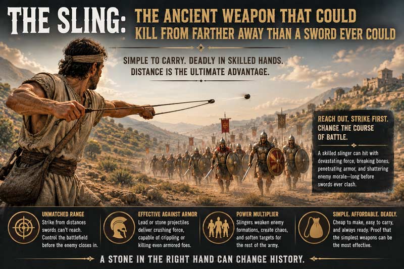 Ancient slinger launching a stone projectile at advancing armored soldiers from long range