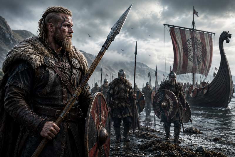 Viking warriors carrying spears beside a longship on a stormy shoreline