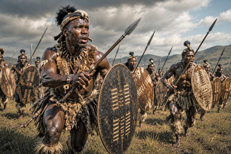 Zulu warriors charging with assegai spears and shields in battle formation