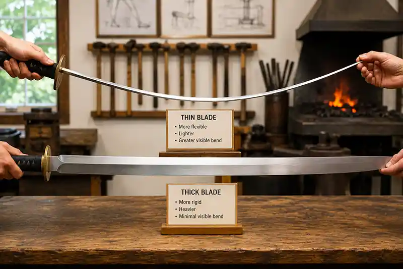 Thin flexible sword blade compared with a thicker rigid blade