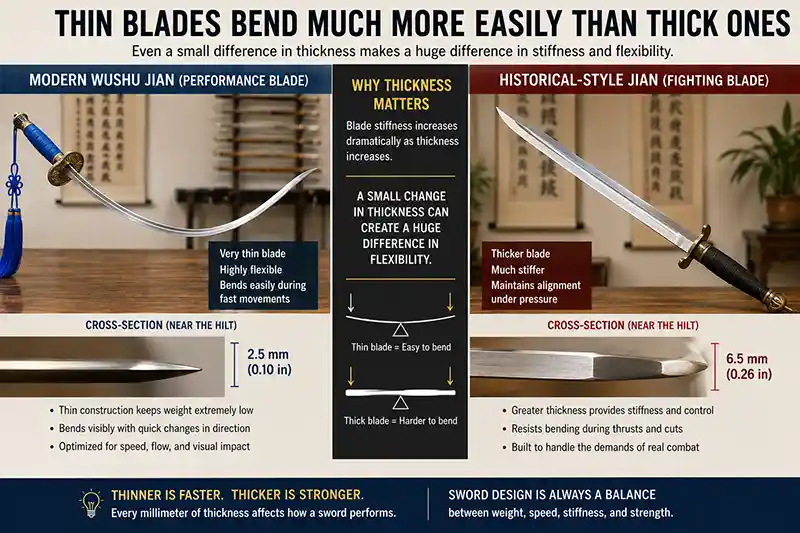 Thin modern wushu jian compared with a thicker historical-style Chinese sword blade