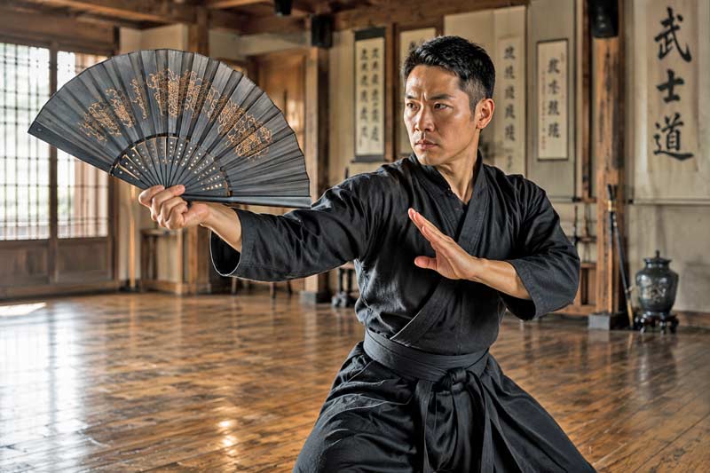 Martial artist demonstrating a traditional black fighting fan in a dojo with wooden floors and soft natural lighting