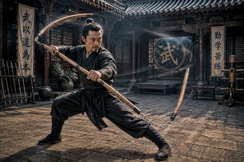 Martial artist spinning a three-section staff in a traditional courtyard with blurred motion showing speed and unpredictability
