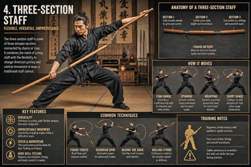 Martial artist demonstrating a three-section staff in a dojo with infographic panels explaining movement, structure, and training techniques