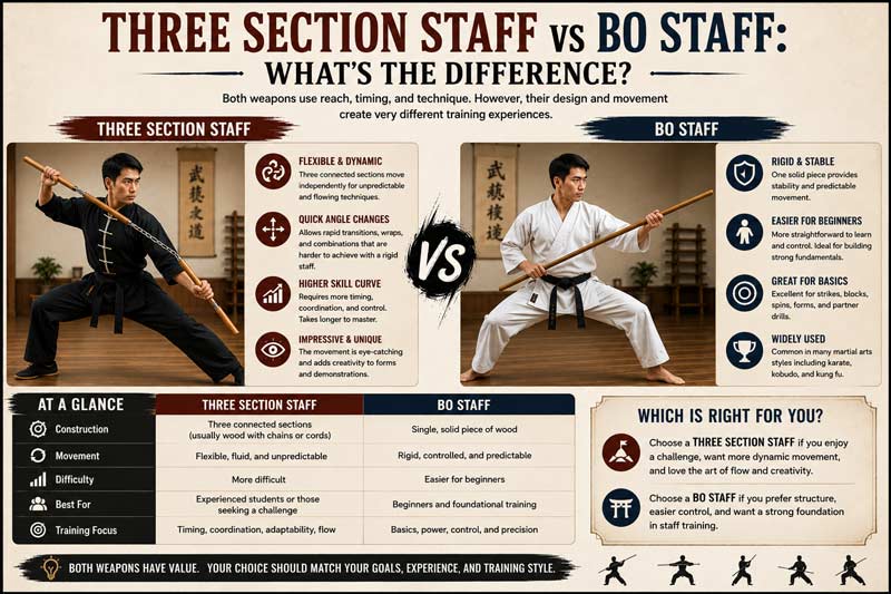 Infographic comparing a three section staff and bo staff, showing differences in construction, movement, difficulty, and training style, with martial artists holding each weapon in realistic training stances and side-by-side feature comparisons