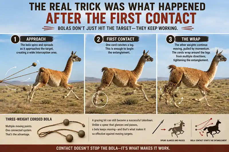 Bolas wrapping around the legs of a moving target after initial contact