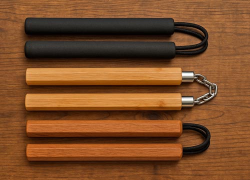 Three different types of wooden and foam nunchucks on a wooden surface.