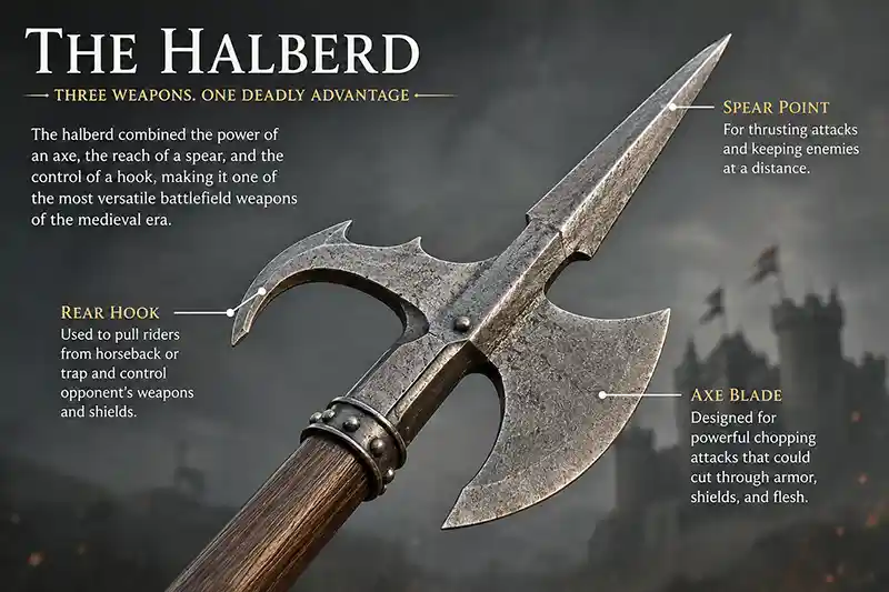 Close-up of a medieval halberd highlighting its spear point, axe blade, and rear hook.