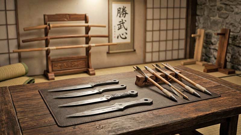 Throwing weapons on a table including Throwing Knives