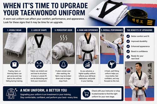 Taekwondo uniform wear signs showing fraying, stretching, odor, and upgrade benefits