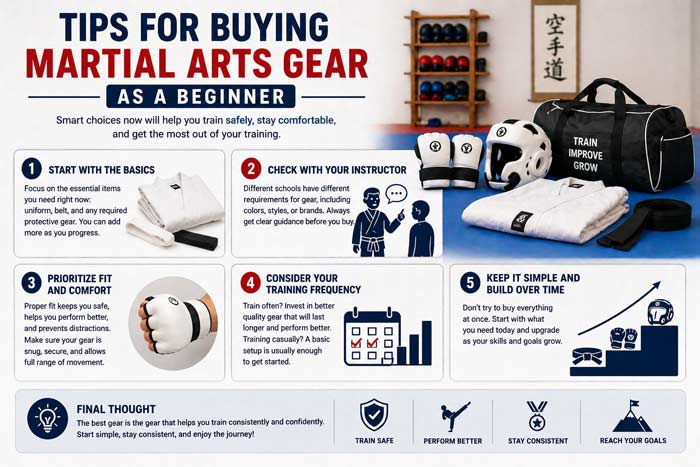 Infographic with tips for buying martial arts gear showing basics, fit, comfort, and gradual gear upgrades
