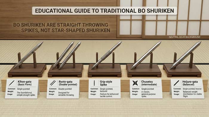 Infographic showing traditional bo shuriken throwing spikes and straight-style Japanese throwing weapons displayed on a wooden surface