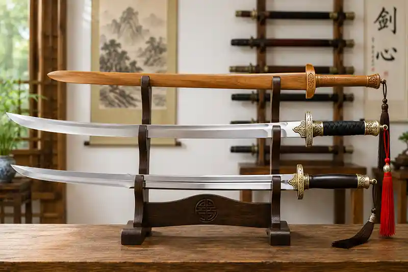 Wooden Tai Chi sword displayed with two steel Chinese swords