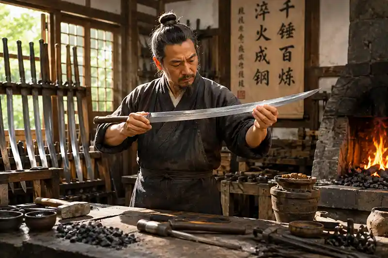 Traditional Chinese swordsmith inspecting a newly forged blade