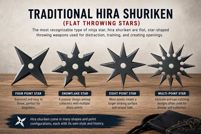 Infographic showing traditional hira shuriken designs including four-point, snowflake, and multi-point ninja stars displayed side by side
