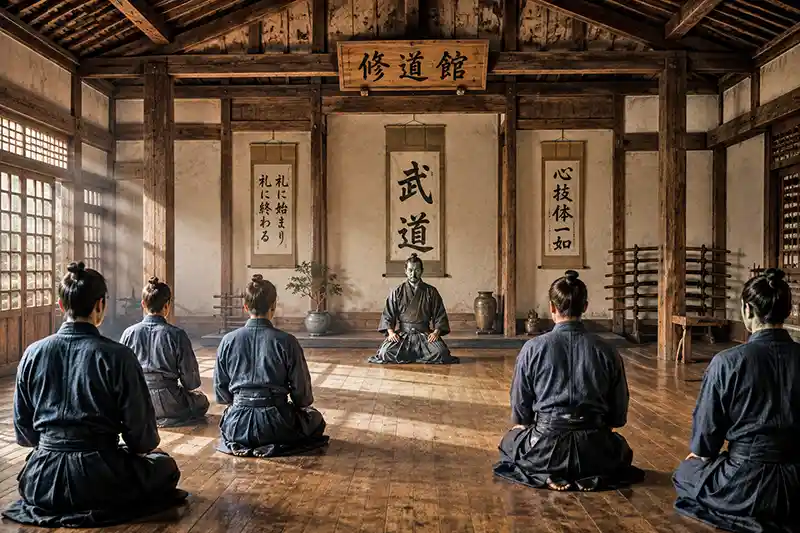 Traditional Japanese dojo with students kneeling before a martial arts master during training