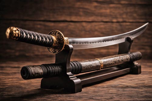 Traditional Japanese katana sword displayed on a wooden stand