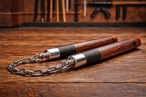 Traditional wooden nunchaku resting on a dojo floor