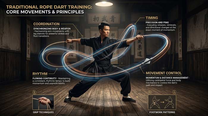 Martial artist demonstrating traditional rope dart training movements with infographic callouts explaining coordination, timing, and movement control