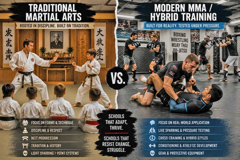 Comparison of a traditional martial arts dojo and a modern MMA gym showing how martial arts training evolved in America.
