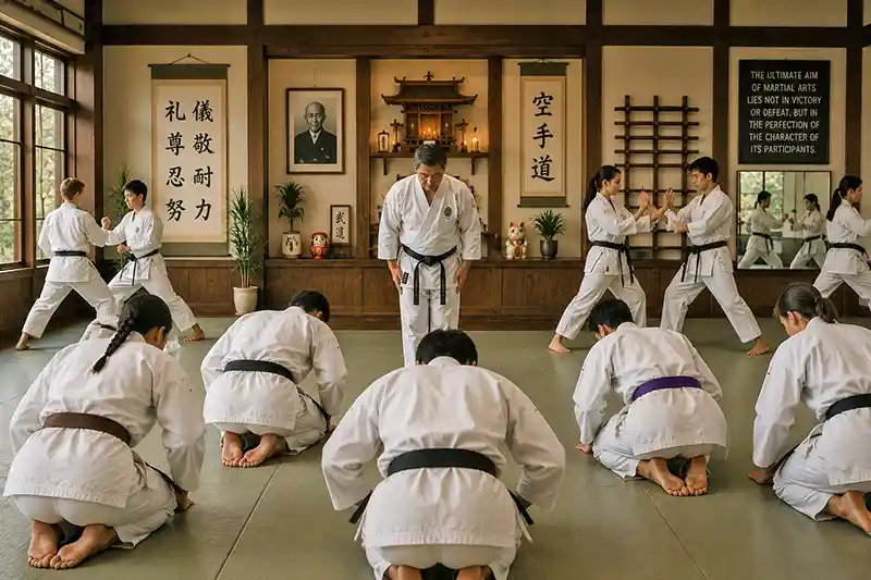 Martial artists bowing in a traditional dojo while practicing techniques and preserving martial arts traditions