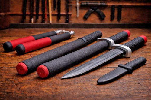 Foam and rubber martial arts training weapons on a dojo floor